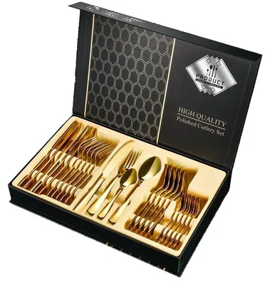Produktbild von [Besteckset 24 tlg. [Gift Box] in verschiedenen Farben] glänzendes Edelstahlbesteck für. 6 Personen Messer, Gabel, Löffel Cutlery Set mit Geschenkbox, Farben:Gold