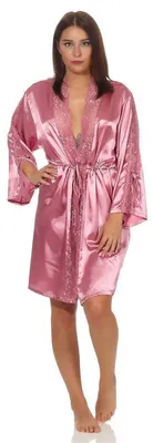 Produktbild von Damen Morgenmantel kurzer Kimono in Satin-Optik Spitze; Altrosa XL