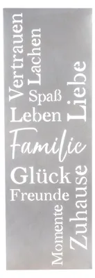 Productafbeelding van Gilde wandreliëf, rechthoekig, "Geluk - Familie", met opschrift, metaal, zilverkleurig, verpakking met 2 stuks, lengte 3 cm, breedte 30 cm, hoogte 90 cm. Artikelnummer: 69992, EAN: 4063387699928
