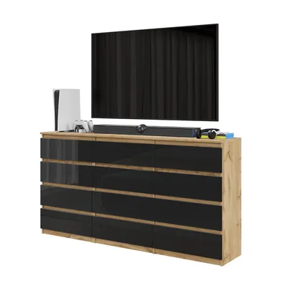 Produktbild von Kommodenset Wotan Eiche / Schwarz Hochglanz mit 12 Schubladen (8+4) – Großes Sideboard Set für Schlafzimmer & Wohnzimmer – GABRIEL