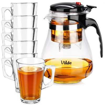 Produktbild von Vilde | Teekanne 1,65 L - Glaskanne mit Sieb - 6 Gläser 255 ml - Spülmaschinenfest