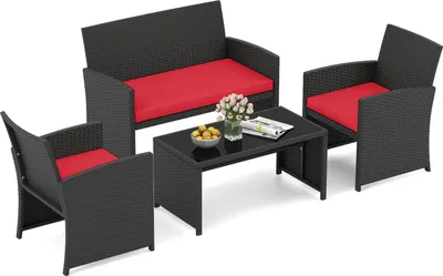 Immagine prodotto di Set di mobili da giardino in polyrattan COSTWAY, mobili da esterno, set composto da 2 sedie, panca, tavolo e cuscini, mobili da terrazza, set da giardino rosso