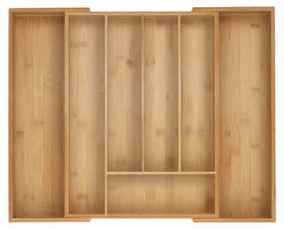 Productafbeelding van Relaxdays bestekdozen, met 5-7 compartimenten, uitschuifbaar bestekbakje, afmetingen (hoogte x breedte x diepte): 5 x 32,5-53,5 x 43 cm, bamboe, naturel, AI-gegenereerde afbeelding