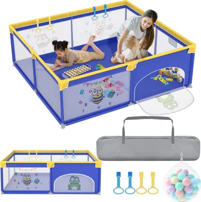 Obrázek produktu pro XMTECH ohrádka dětská 200x180cm, ohrádka dětská ohrádka dětská ohrádka, ohrádka s prodyšnou síťovinou, robustní bezpečnostní hrací plocha včetně 50 oceánských míčků a 4 stahovacích kroužků (modrá s motivy zvířat)