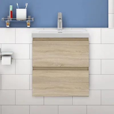 Produktbild von Waschtisch mit Unterschrank 50cm Alast Badmöbel Set Eiche Rechteckiges Waschbecken mit Unterschrank MDF Softclose