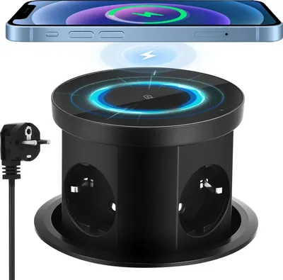 Image de Prise de table escamotable - Prise encastrable escamotable - Prise européenne - USB-C - Recharge sans fil 15 W - Montage encastré