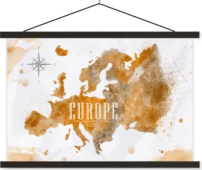 Produktbild von MuchoWow® Textilposter Weltkarte - Europa - Farbe 60x40 cm mit schwarzem Rahmen - Hölzernes