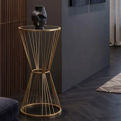 Immagine prodotto di Tavolino laterale con specchio, struttura in ferro, forma a clessidra, 40x80 cm, colore oro, modello "Super" di Mauro Ferretti