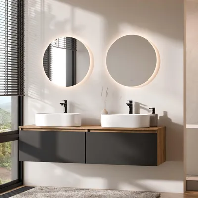 Produktbild von Planetmöbel ARISA Doppelwaschtisch 160 cm in Schwarz mit 2 LED Spiegel NOVA 60 cm und 2 weißen Keramik-Aufsatzwaschbecken 55 cm