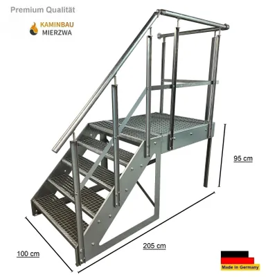 Produktbild von Podesttreppe Stahltreppe 5 Stufen Freistehend Höhe 95cm inklusive Podest 100x100cm mit Geländer Verzinkt Ausrichtung Treppe Links Aussentreppe