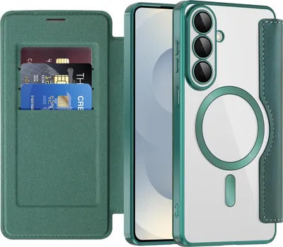 Obrázek produktu pro Pouzdro pro Samsung Galaxy S26+ kompatibilní s MagSafe, průhledné pouzdro s držákem karet, kožené pouzdro s ochranou kamery zelené