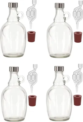 Produktbild von 4 x 1L Gärballon mit rundem Griff Rundgriff Flasche +Gummistopfen + Gärröhrchen Set