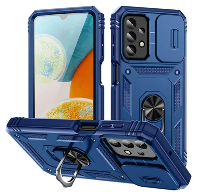 A blue phone case with a sliding camera cover and a ring holder is displayed from multiple angles.
