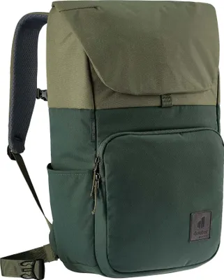 A studio shot of a green and khaki Deuter backpack.