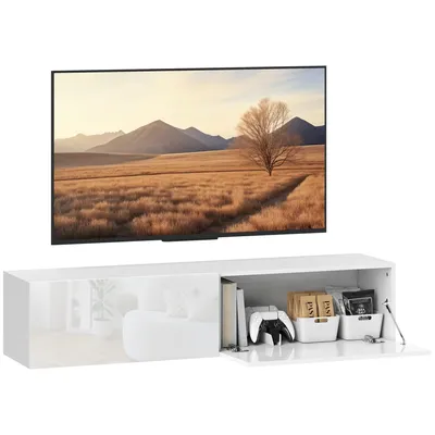 Image de HOMCOM Meuble TV suspendu meuble TV mural pour téléviseur jusqu'à 45 55 65 pouces avec 2 portes, banc TV mural pour salon chambre à coucher, 140 x 33 x 29,8 cm, blanc