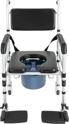 Produktbild von Duschstuhl mit Rollen Klappbar, Duschrollstuhl Toilettenfunktion Höhenverstellbar 48–54 cm, Toilettenstuhl bis 160 kg mit Eimer für Badezimmer Senioren Behindertenhilfe