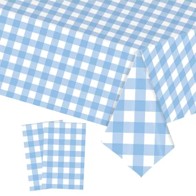 Zdjęcie produktu dla 2 sztuki obrusów, zmywalnych, o wymiarach 137 x 274 cm, w jasnoniebiesko-białym wzorze, wykonanych z tworzywa sztucznego