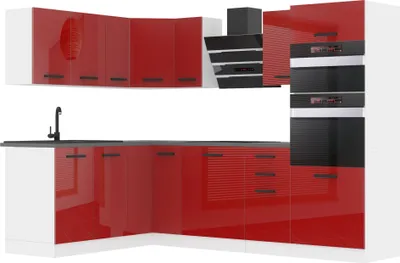 Produktbild von Belini Küchenzeile Küchenblock Küche L-Form MELANIE Küchenmöbel mit Griffe, Einbauküche ohne Elektrogeräten mit Hängeschränke und Unterschränke, ohne Arbeitsplatten, Rot Hochglanz