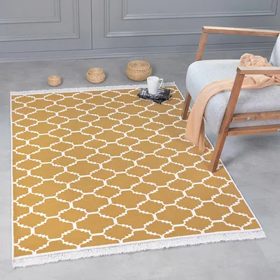 Immagine prodotto di Tappeto a pelo corto - Tappeto Kelim Boho, tappeto per soggiorno, camera da letto e cucina, tappeto per corridoio, 140 x 200 cm, Marocco-Oro-Bianco