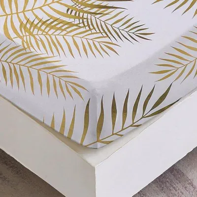 Produktbild von Spannbettlaken 160 x 200 cm, Goldblattmuster, Spannbettlaken bis 30 cm Matratzenhöhe, weiches Polyester-Mikrofaser, weiß