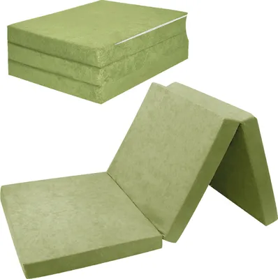 A folded and unfolded light green mattress.