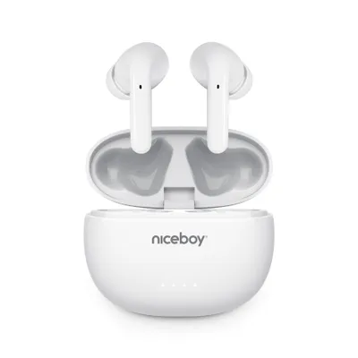A pair of white wireless earbuds and their charging case are displayed against a white background.