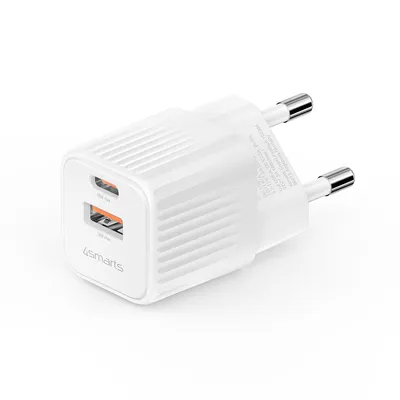 A white 4smarts VoltPlug Duos Mini PD 20W charger with two USB ports is shown against a white background.