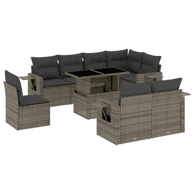 Produktbild von vidaXL 9-tlg. Garten-Sofagarnitur mit Kissen Grau Poly Rattan