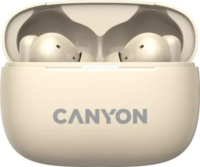 A pair of beige Canyon wireless earbuds in their charging case, with the lid open.