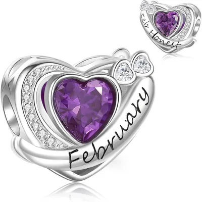 Productafbeelding van Charm-hanger van 925 sterling zilver met geboortesteen, hartvorm, voor dames, februari