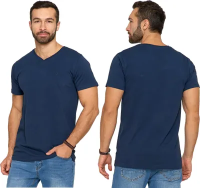 Immagine prodotto di Maglietta - Maglietta da uomo taglia L - Maglietta in cotone blu scuro - Maglietta con scollo a V - Maglietta a maniche corte