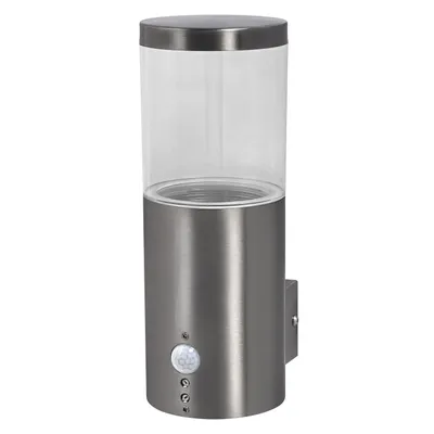 A silver and clear outdoor wall light with a motion sensor.