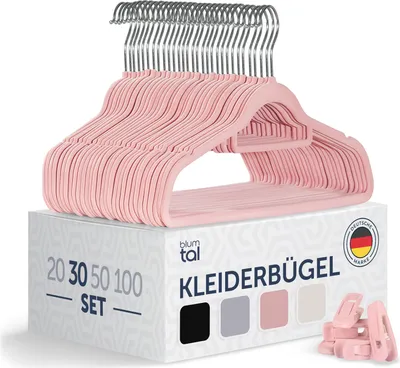Produktbild von Blumtal 30 Stück Kleiderbügel Platzsparend mit Samtbezug - rutschfeste Premium Bügel inkl. Krawattenhalter, 360° drehbar, Rosa