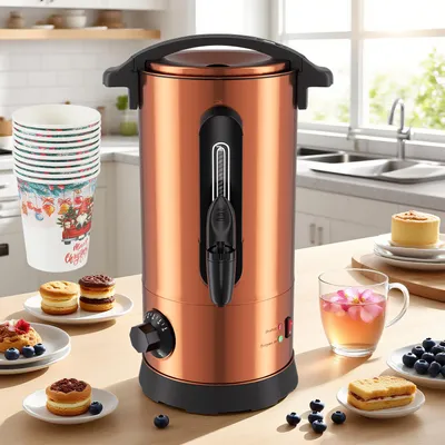 Produktbild von Ikodm Glühweinkocher 8 L, 1500 W, 30–110 °C, mit Zapfhahn und 10 Bechern, Kupferfarben