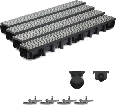 Produktbild von 4m Entwässerungsrinne für modulares System A15 98mm, komplett Stegrost Kunststoff, Grau Line