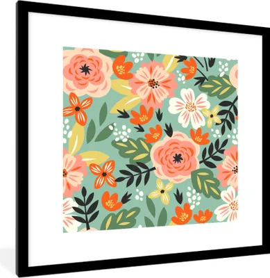 Produktbild von MuchoWow® MuchoWow® Gerahmtes Poster Blumen - Illustration - Muster 40x40 cm - Poster mit zchwarzem Bilderrahmen - Poster - Plakat im Rahmen