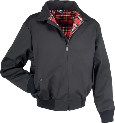 A black jacket with a red plaid lining is shown against a white background.