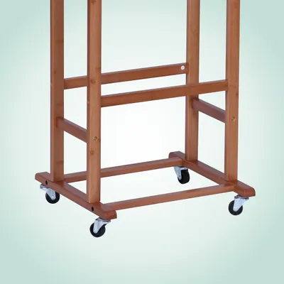 Obrázok produktu pre Relaxdays Vešiak na kolieskach, vešiak na odevy, prémiový bambus, odkladací pult do spálne, rozmery: 107x47x37 cm, hnedý