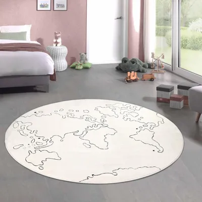 Produktbild von Kinderteppich Hoch-Tief-Effekt Weltkartenmuster in creme Größe - 140 cm Rund
