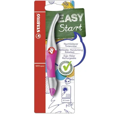 Immagine prodotto di Penna roller ergonomica per destrimani - STABILO EASYoriginal metallic in neon pink/meltallic - penna singola - colore di scrittura blu (cancellabile) - cartuccia inclusa