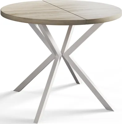 A round dining table with a beige wood-look top and white metal legs, presented on a white background.