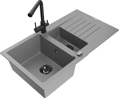 Immagine prodotto di Mexen Matias lavello in granito 1,5 vasche con sgocciolatoio e rubinetto da cucina Duero, grigio - 6502-71-671600-70-B