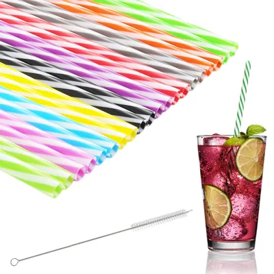 Obrázok produktu pre 60 plastových slamiek, 23 cm, opakovane použiteľné, s kefkou na čistenie slamiek