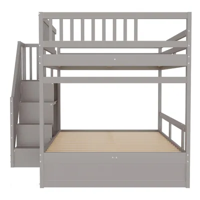 Produktbild von Flieks Etagenbett 140x200cm mit Kleiderschrank und Schublade, Kinderbett Hochbett mit Treppe und Lattenrost, Stockbett mit Rausfallschutz, Grau
