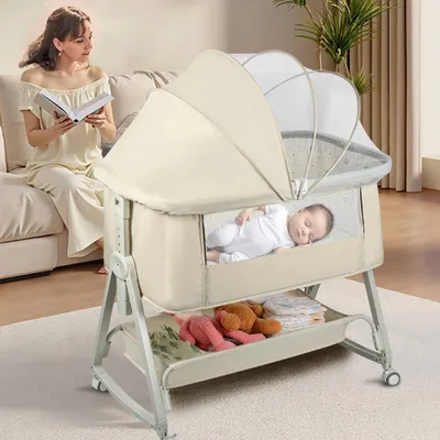 Produktbild von Verstellbares 6-stufiges Babybett, Reisebett, Kinderwagen mit Rädern und zusammenklappbar, cremefarben