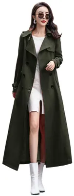Immagine prodotto di Cappotto trench da donna a due file, modello aderente, lungo fino ai piedi, colore kaki