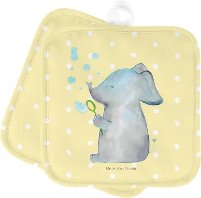 Produktbild von Mr. & Mrs. Panda Topflappen Elefant Seifenblasen - Gelb Pastell - Geschenk, Heimat, Liebe, Topfuntersetzer, Kochlappen, Elefanten, Set, topfhalter, Lustige Sprüche