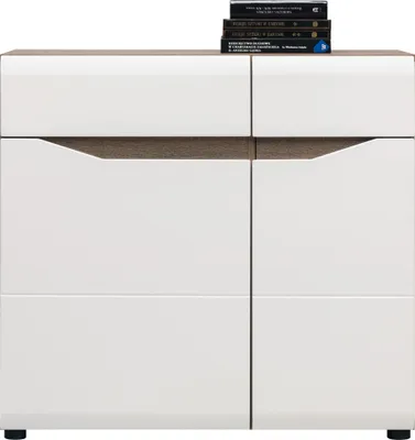 Produktbild von Furniture24 Kommode 90 cm LIONEL LI2 2 Türen 1 Schublade Wohnzimmerschrank Sonoma Trüffel/Weiß Glanz