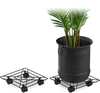 Immagine prodotto di Relaxdays Carrello per piante angolare, set da 2, per interni ed esterni, con freno, base girevole per vasi da fiori, metallo, 28x28 cm, nero
