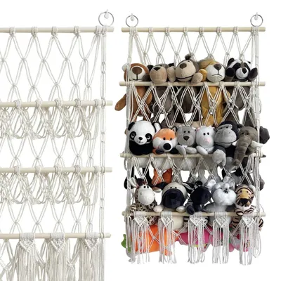 Obrázok produktu pre Boho organizér na zavesenie, určený na uskladnenie hračiek a plyšových zvierat, vyrobený z bavlny s drevenými tyčami – dekoratívna sieť na uskladnenie do detskej izby